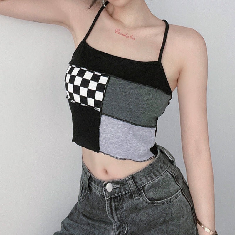 Asymmetric Cut-Out Shrug and Color Block Patchwork Cami Two-Piece Set - nightcity clothing