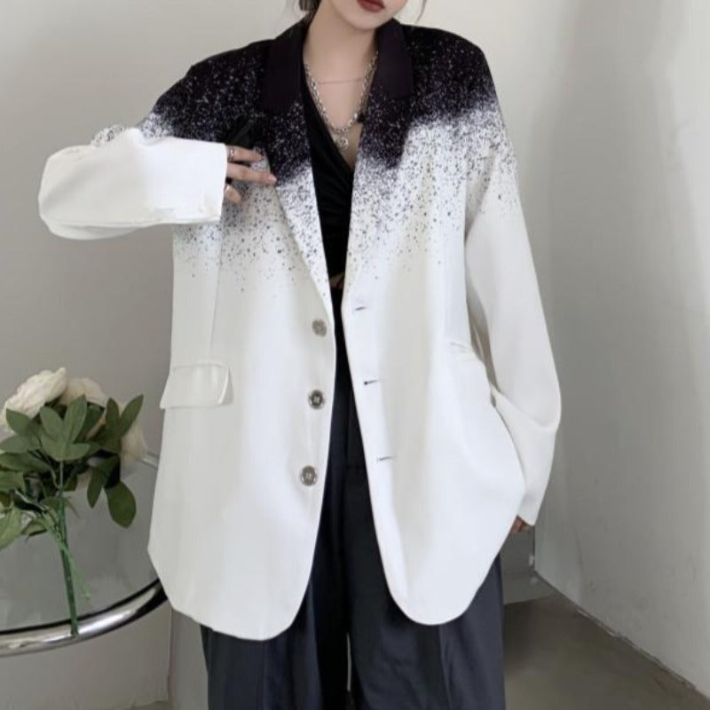 Boxy Gradient Paint-Splatter Blazer with Ribbon Belt - nightcity clothing