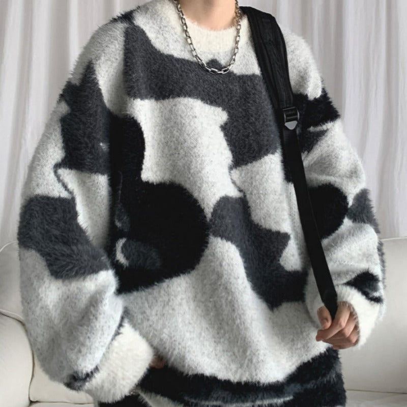 Abstract Print Oversized Fuzzy Sweater
