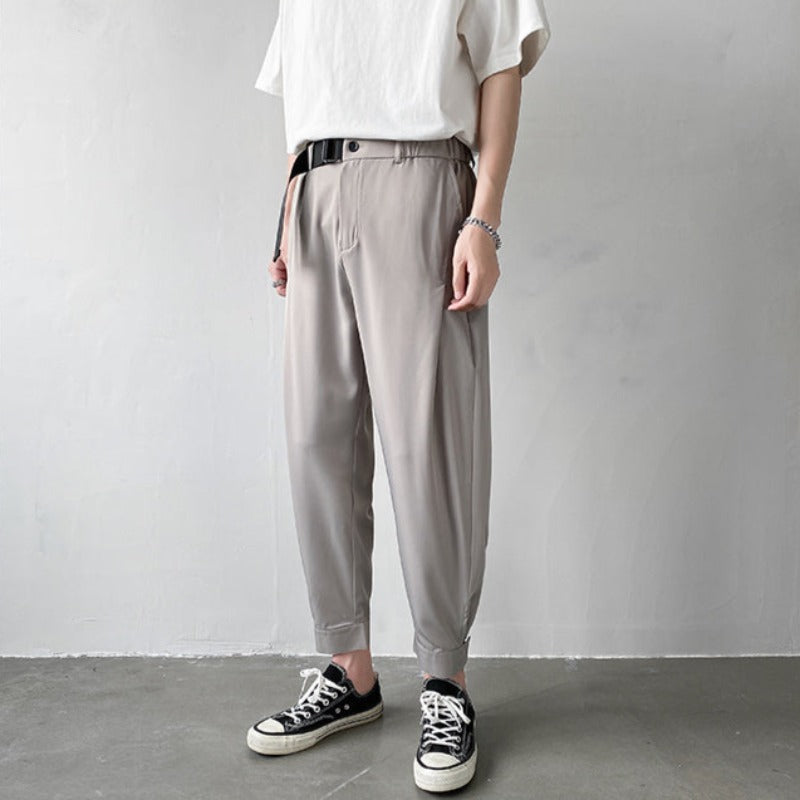 Pleated Extra-Tapered Slim Pants with One Sided Strap Belt - nightcity clothing