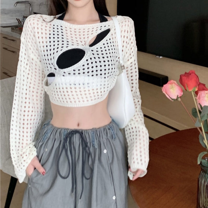 Open Knit Crop Top with Cutouts - nightcity clothing