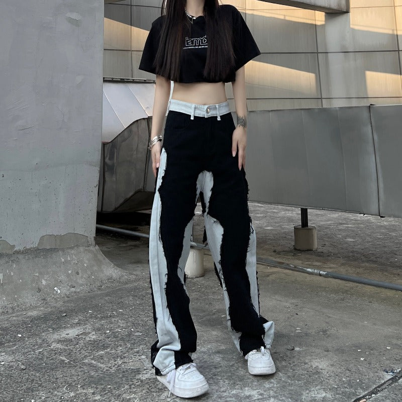Color Block Distressed Patchwork Straight Pants - nightcity clothing