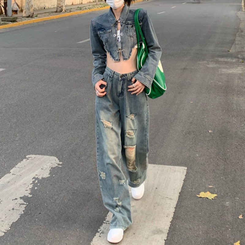 Asymmetric Hem Denim Jacket and Distressed Wide Leg Denim Jeans Two-Piece Set - nightcity clothing