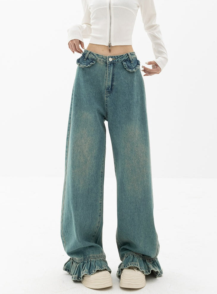 Straight Fit Ruffled Hem Jeans