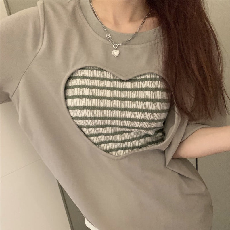 Stripe Tube Top and Heart Shape Cutout Shirt Two-Piece Set - nightcity clothing
