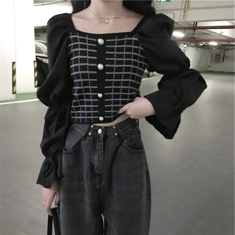Plaid Faux Pearl Button Puff Sleeve Knit Crop Top - nightcity clothing