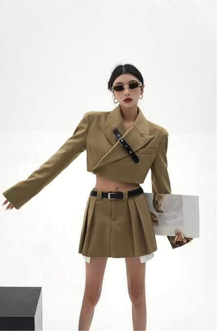 Cropped Blazer with Collar Belt Strap and Pleated Mini Skirt Two-Piece Set - nightcity clothing