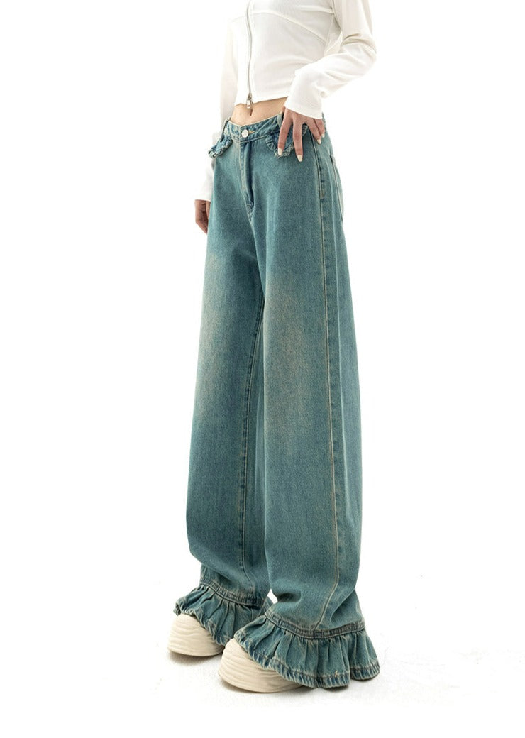 Straight Fit Ruffled Hem Jeans