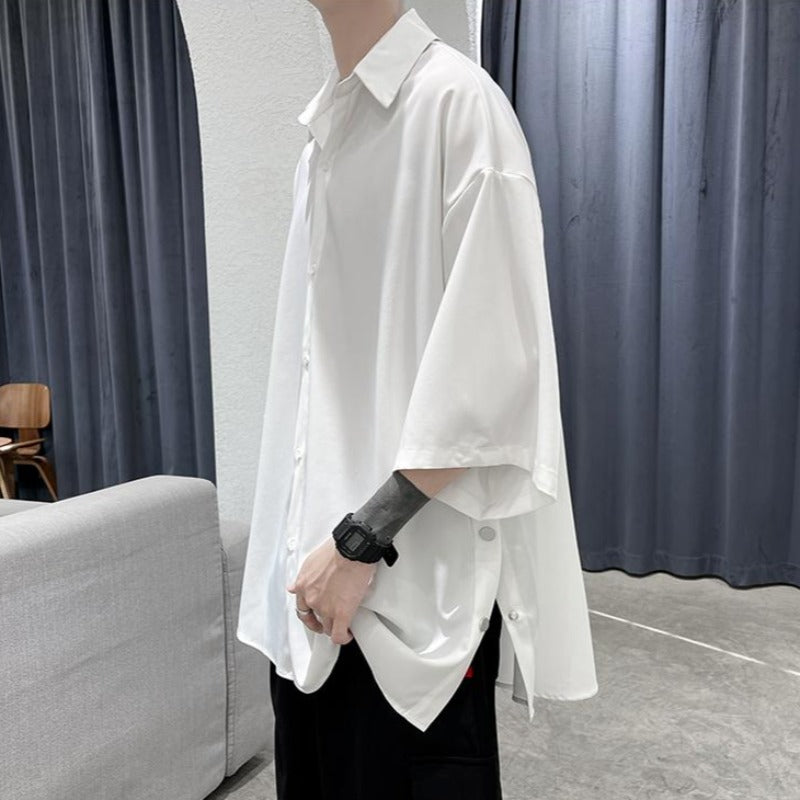 Oversized Button Down Short Sleeve Shirt with Split Hem - nightcity clothing
