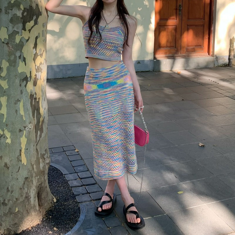 Open Knit Spaghetti Strap Crop Top and Midi Skirt Two-Piece Set