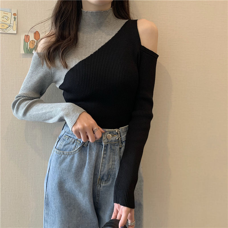 Color Block Cold Shoulder High Neck Long Sleeve Top - nightcity clothing