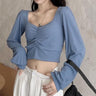 Slim Ruched Lantern Sleeve Crop Top - nightcity clothing