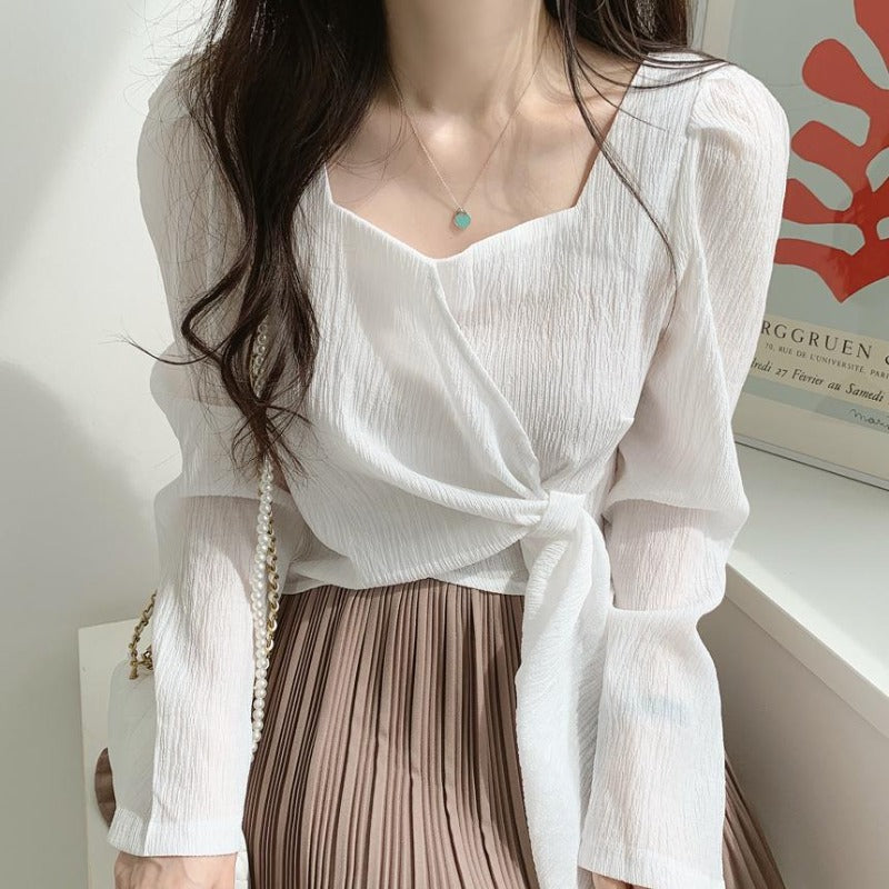 Puff Sleeve Crimped Top with Side-Tie - nightcity clothing