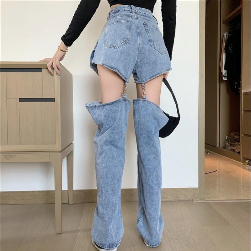Wide Leg Detachable Strap-Split Denim Pants - nightcity clothing