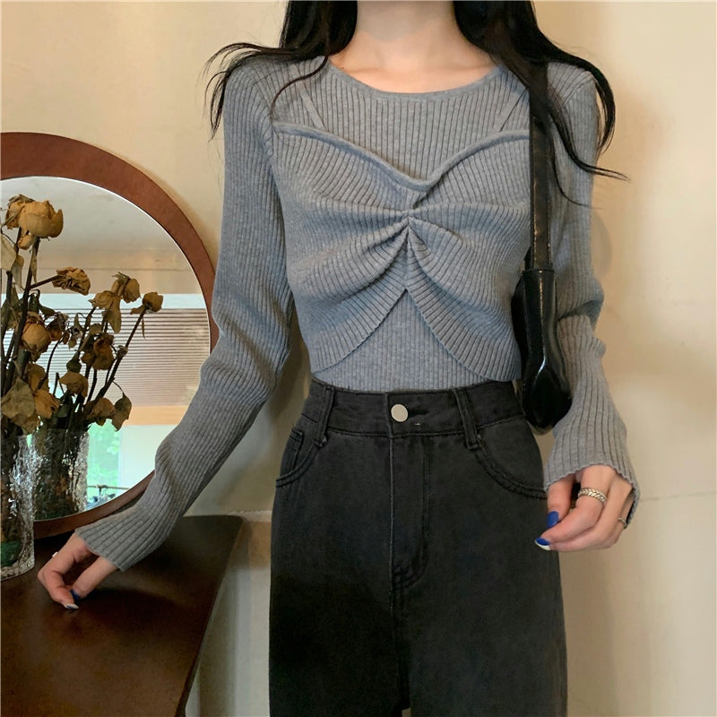 Skinny Twist Ribbed Bow Detail Long Sleeve Top - nightcity clothing
