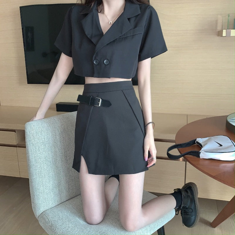 Cropped Short Sleeve Blazer and Asymmetric Skirt with Belt Strap Two Piece Set - nightcity clothing
