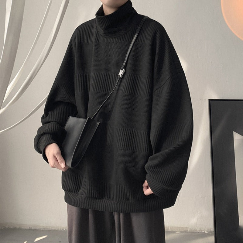Oversized Ribbed Block Textured High-Neck Knit Sweater - nightcity clothing