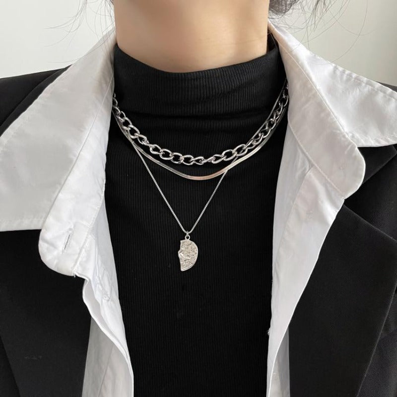 Multi-Layer Necklace with Partial Coin Pendant - nightcity clothing