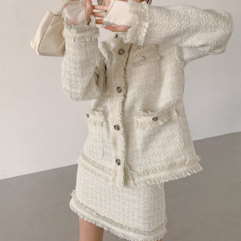 Slim Tweed Boucle Tassel Hem Coat and Mini Skirt Two-Piece Set - nightcity clothing