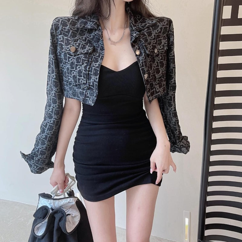 Cropped Textured Jacket and Spaghetti Strap Ruched Mini Dress Two-Piece Set - nightcity clothing