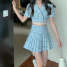 Plaid Tweed Cropped Short Sleeve Blazer and Tier Pleated Skirt Two-Piece Set - nightcity clothing