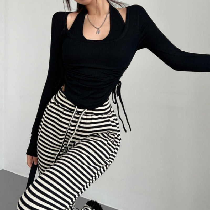 Halter Neck Tube Top and Off Shoulder Ruched Long Sleeve Top