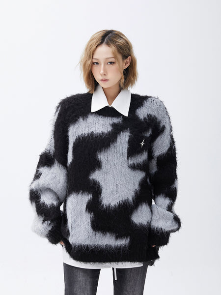 Fuzzy Abstract Oversized Mohair Sweater with Star Accessory