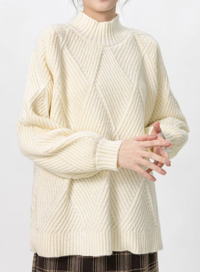 Ribbed Trim Semi High Neck Textured Knit Pullover