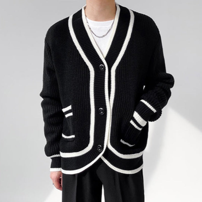 Slim Knit Cardigan with Striped Hem - nightcity clothing