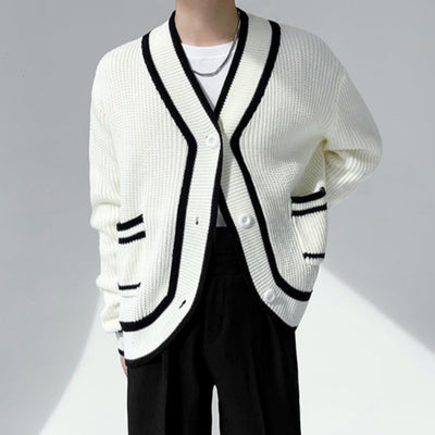 Slim Knit Cardigan with Striped Hem