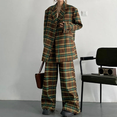Oversized Plaid Blazer and Wide Leg Pants Two-Piece Suit Set