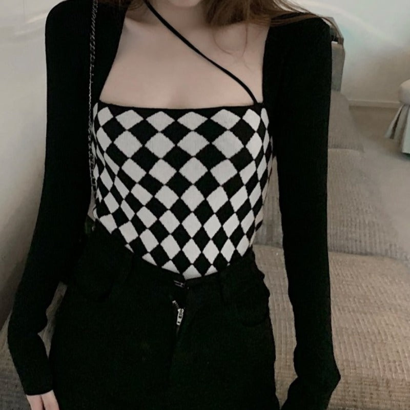 Asymmetric Strap Checkerboard Cami and Shoulder Warmer Two-Piece Set - nightcity clothing