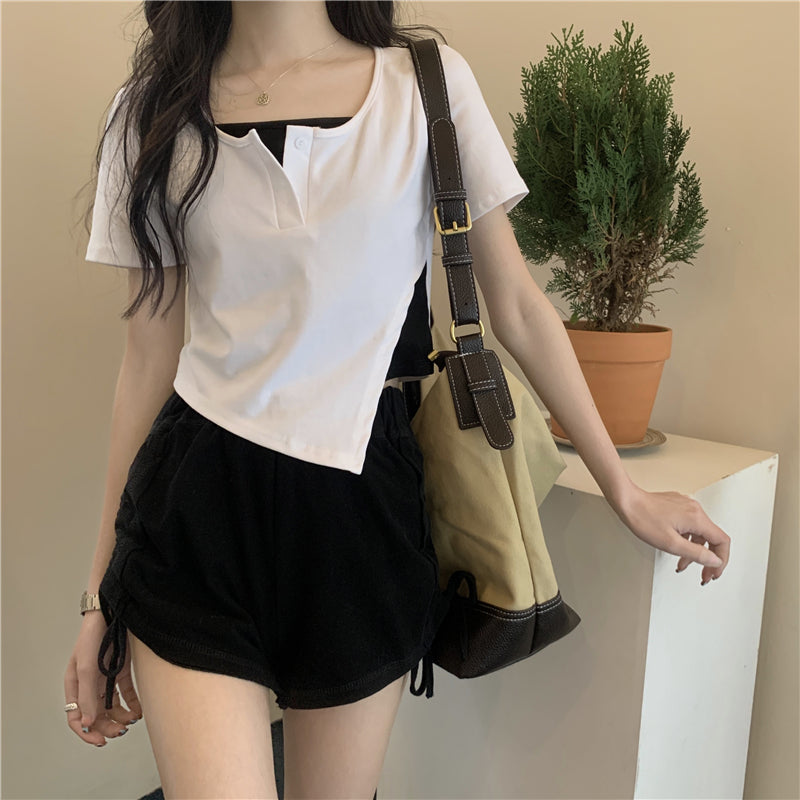 Asymmetric Pointed Hem Mock Two-Piece Cropped Tee - nightcity clothing