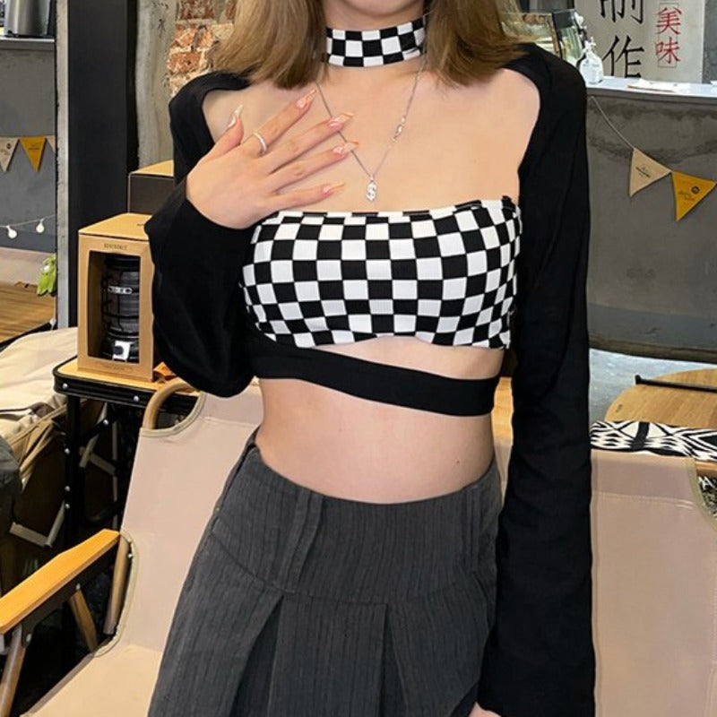 Checkerboard Tube Choker-Top with Shoulder Warmer - nightcity clothing