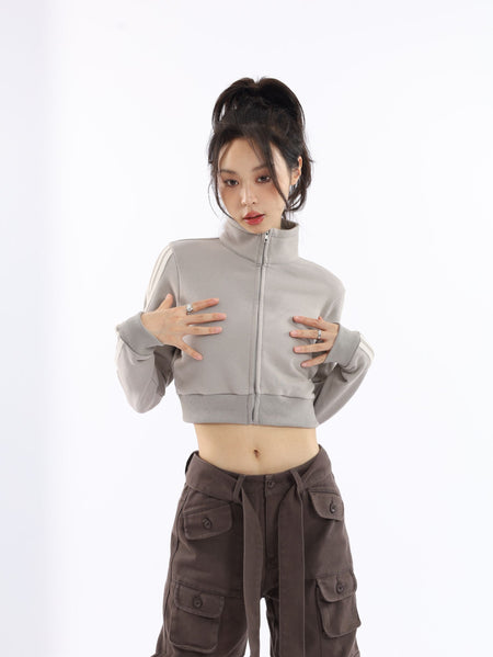 Stripe Sleeve Cropped Bomber Jacket