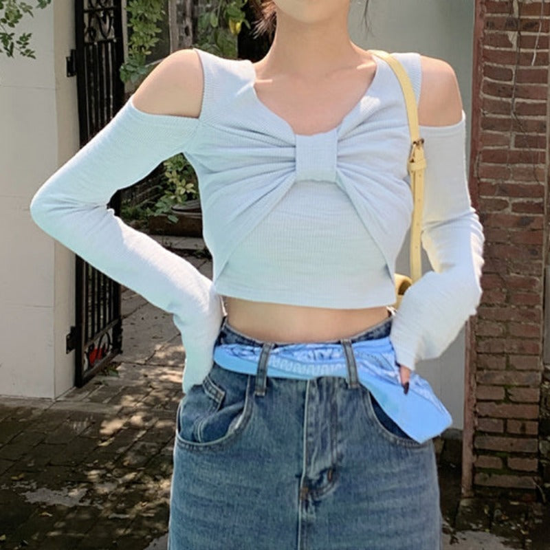 Mock Layered Bow Cold Shoulder Crop Top - nightcity clothing