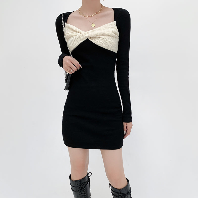 Textured Bow Patch Long Sleeve Mini Dress - nightcity clothing