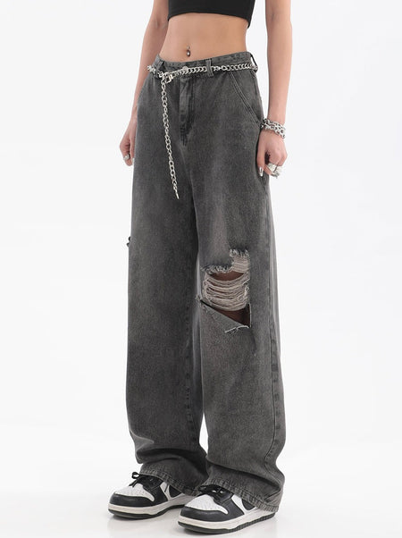 Distressed Faded Jeans with Chain Belt - nightcity clothing