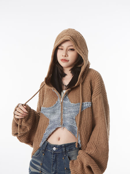 Star Patchwork Cropped Zip Knit Hoodie
