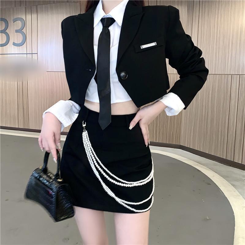 Slim Cropped Blazer and Pencil Skirt with Pearl Chain Two-Piece Set - nightcity clothing