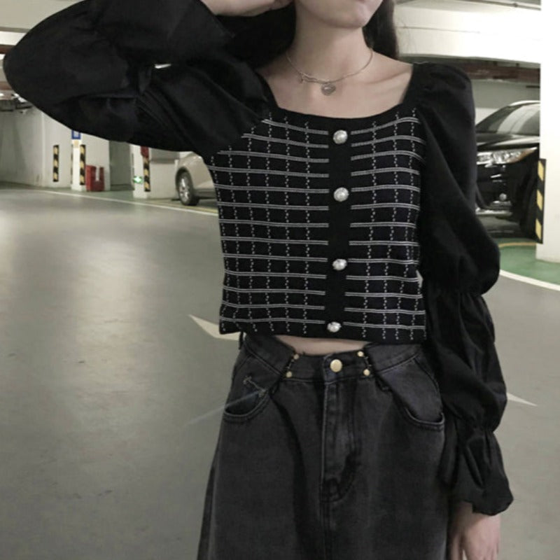 Plaid Faux Pearl Button Puff Sleeve Knit Crop Top - nightcity clothing