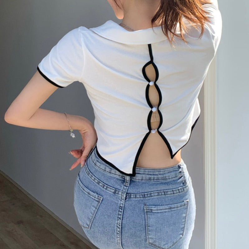 Cropped Polo Top with Back Cutouts - nightcity clothing