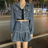 Houndstooth Cropped Blazer and Pleated Tier Hem Mini Skirt Two-Piece Set - nightcity clothing