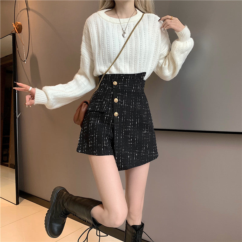 Tweed Asymmetric Hem Button Mini Skirt - nightcity clothing