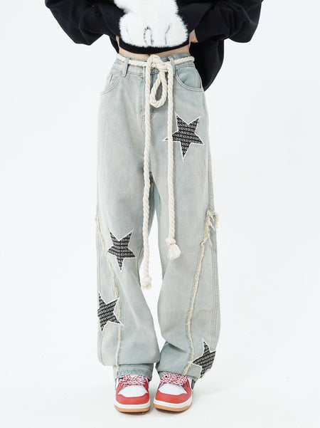Distressed Patchwork Star Jeans - nightcity clothing