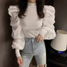 Semi High Neck Ribbed Puff Long Sleeve Top - nightcity clothing