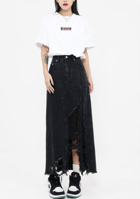 Distressed Denim Midi Skirt