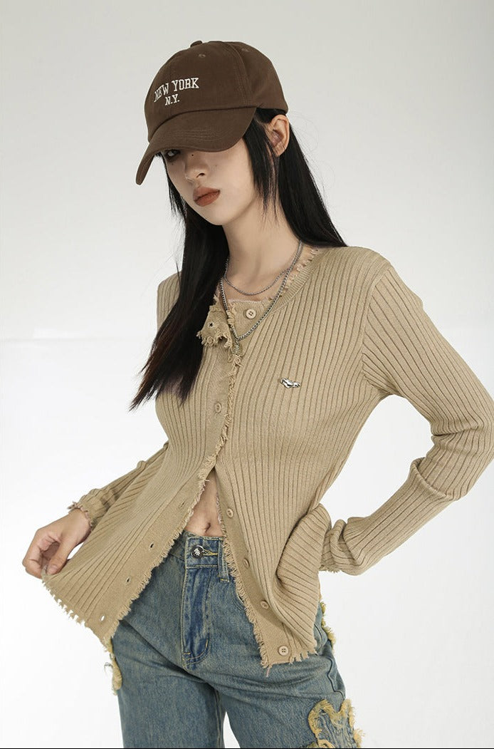 Distressed Hem Button Up Ribbed Top