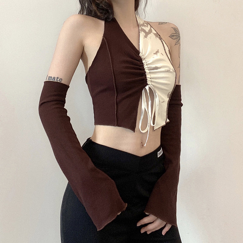 Patchwork Halter Crop Top with Removable Sleeves - nightcity clothing