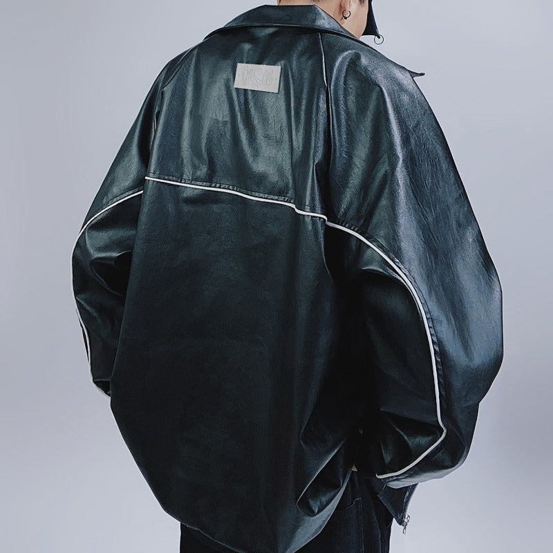 Oversized Faux Leather Contrast Stitch Jacket - nightcity clothing